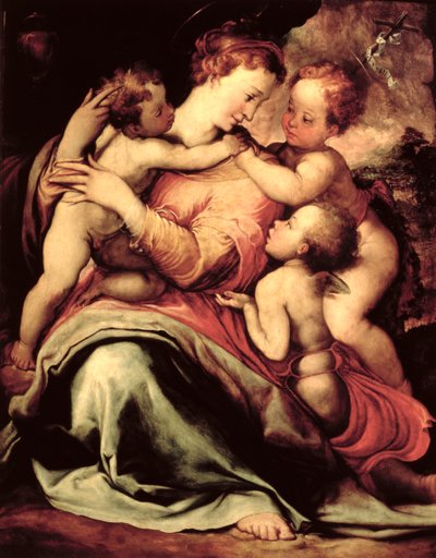 Madonna y el Niño con un ángel y el infante San Juan Bautista de Francesco de Rossi Salviati Cecchino